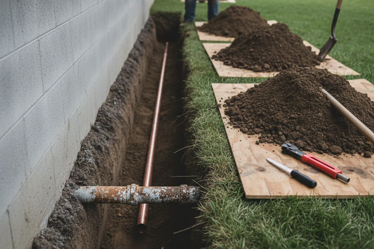 Excavated water line trench during Sewer Line Repair in Cascade